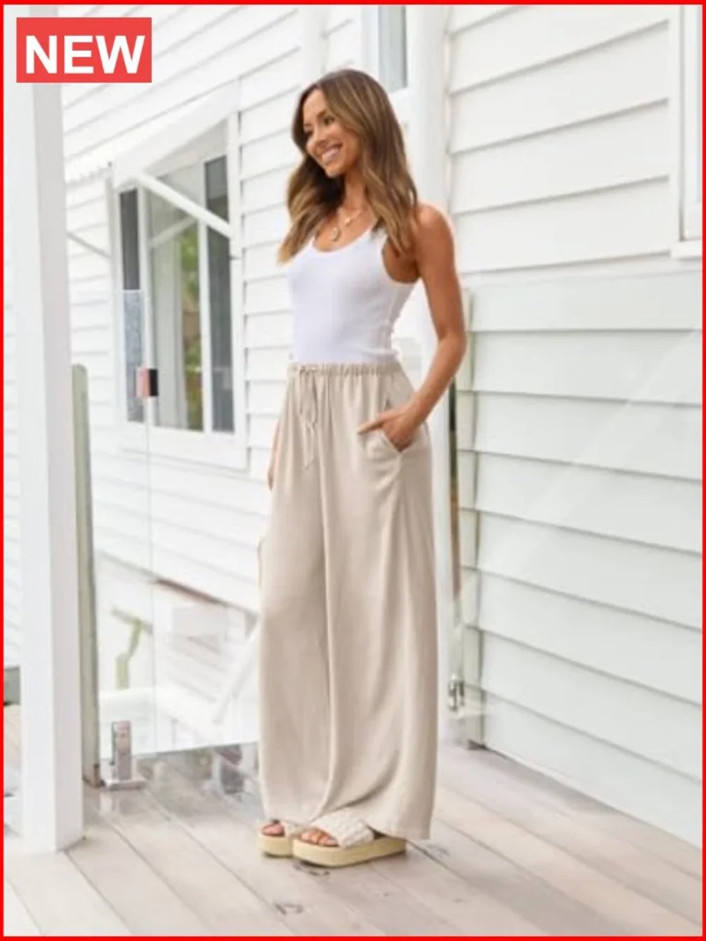 Linen Palazzo Pants Flowy Wide Leg Beach Pants with Pockets